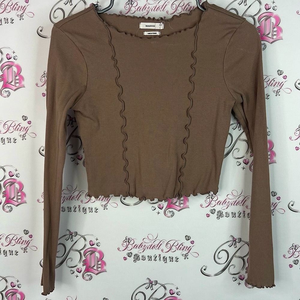 Reserved long sleeve frilly ruffle trim Brown Ruffle Trim Long Sleeve Blouse